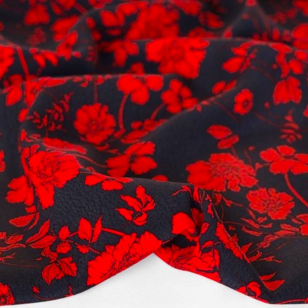 Blackbird Fabrics - Red and Black Floral Viscose Crepe Fabric - 1.5m